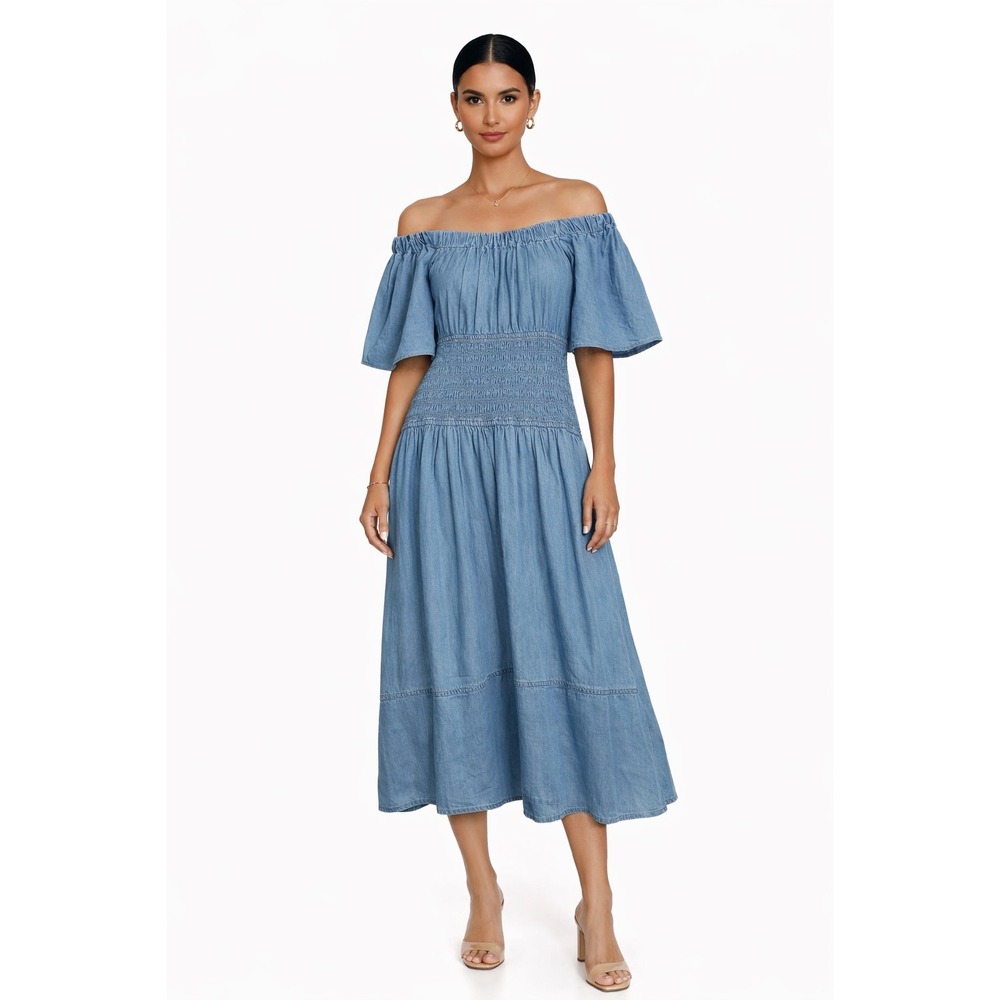Misa Los Angeles Chambray Blue Off-Shoulder Midi Dress